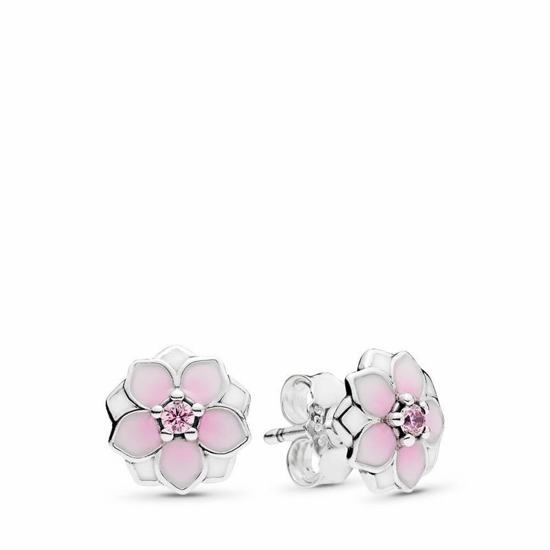 Pandora Pink Magnolia Flower Stud Earrings Ireland - Sterling Silver/Enamel/Pink/Cubic Zirconia - 76